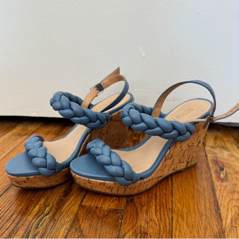 Schutz blue platform wedges with cork wedge